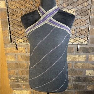 LAUREN Ralph Lauren Linen Blend Black Halter Top with Purple Trim M